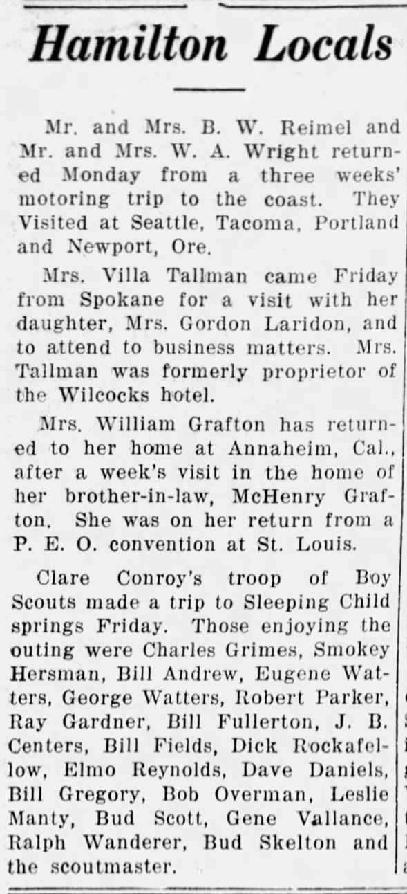 Elmo Charles Reynolds mentioned in Ravalli Republican newspaper article on October 14, 1937.